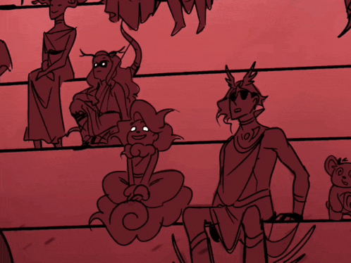 a drawing of a group of people sitting on a red staircase