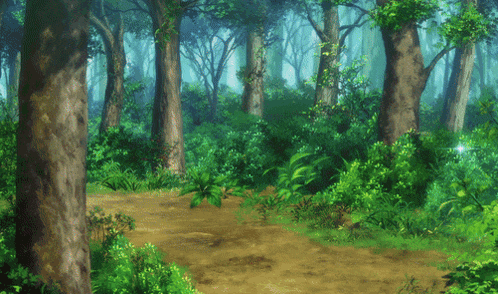 a path through a lush green forest with trees and bushes