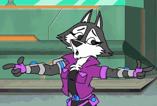 a cartoon drawing of a husky wearing a purple jacket and gloves giving a thumbs up