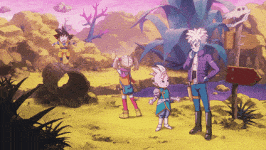 a group of cartoon characters standing next to each other in a desert