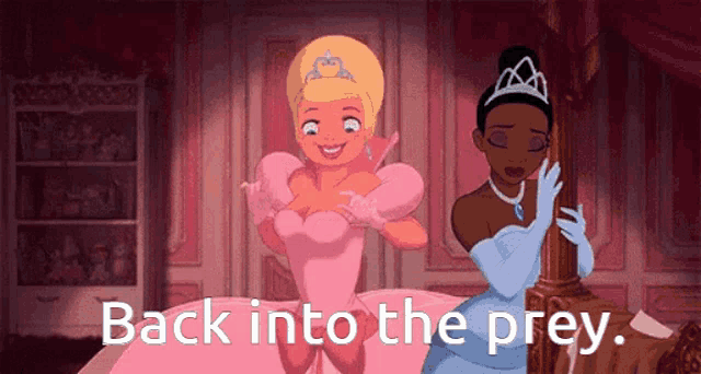 two princesses from the princess and the frog are standing next to each other with the words back into the prey