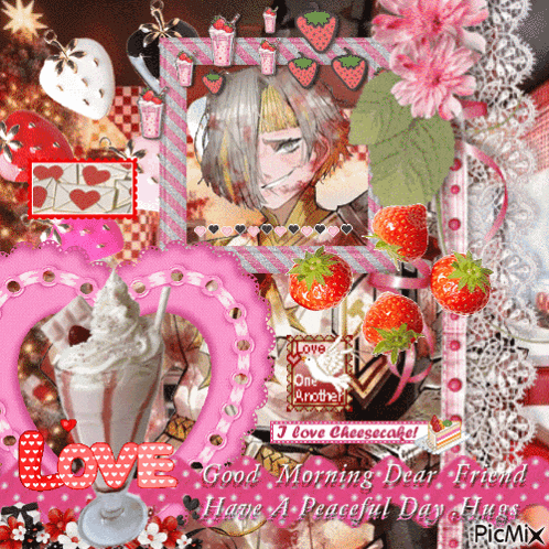a collage of pictures with strawberries and the words good morning dear friend have a peaceful day hugs