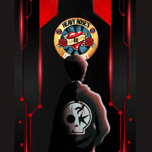 a man is standing in front of a heavy roses logo