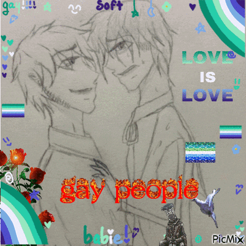 a drawing of two men with the words love is love on the bottom