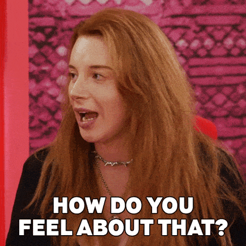 a woman with long red hair says how do you feel about that