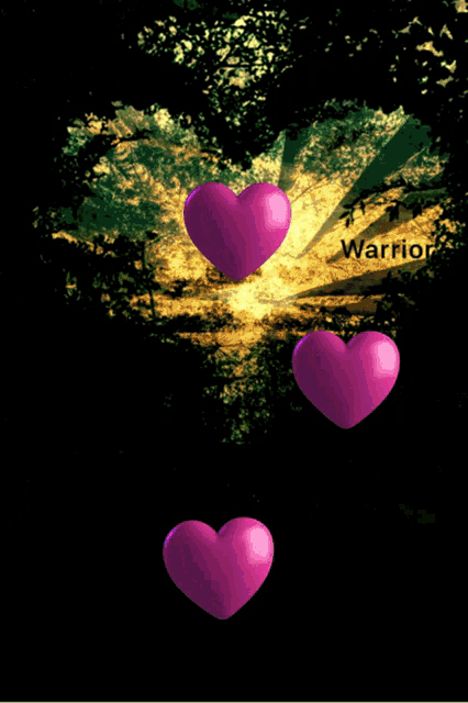 three pink hearts are floating in front of a yellow heart and the word warrior