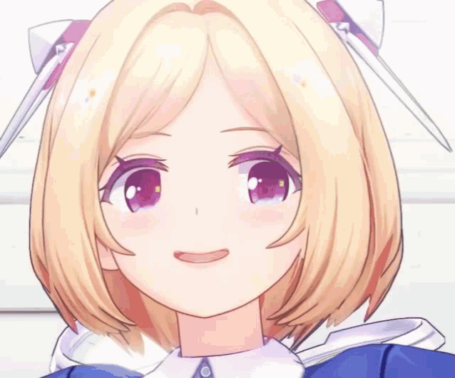 a close up of a blonde anime girl with purple eyes and ears