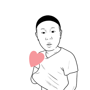 a black and white drawing of a man holding a pink heart on his chest