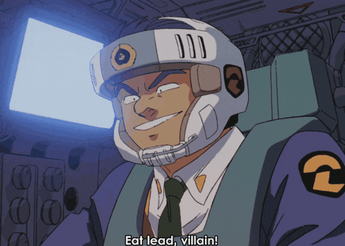 a cartoon character says eat lead villain