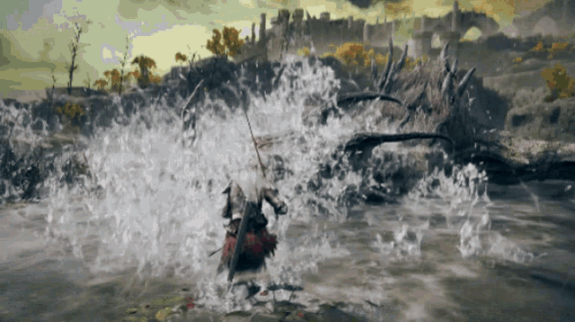 a person is standing in the water with a sword