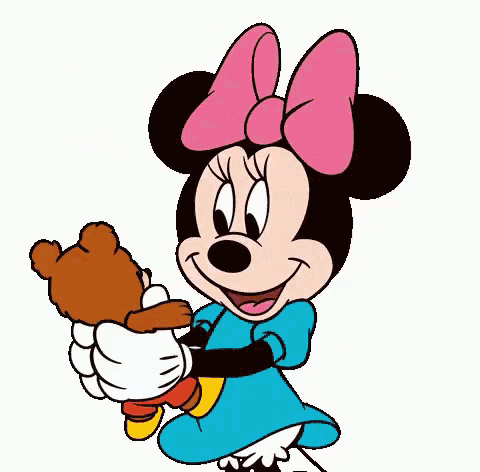 a cartoon of minnie mouse holding a teddy bear in her arms