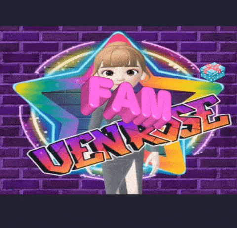 a cartoon girl is standing in front of a purple brick wall with the words fam venkose written on it