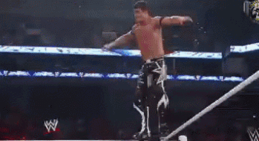 a wrestler is flying through the air during a match in front of a crowd .