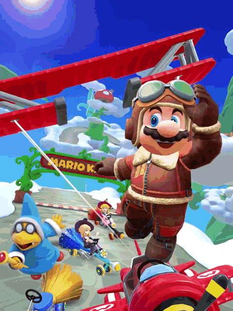 a mario kart game is being played by a group of characters