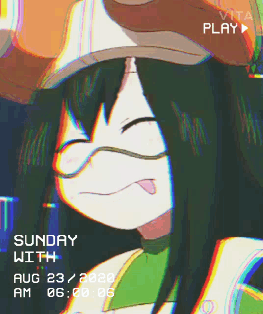 a video of a girl with long green hair and a hat says sunday with aug 23 2020