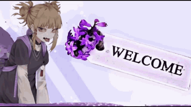 a girl is holding purple flowers next to a sign that says welcome