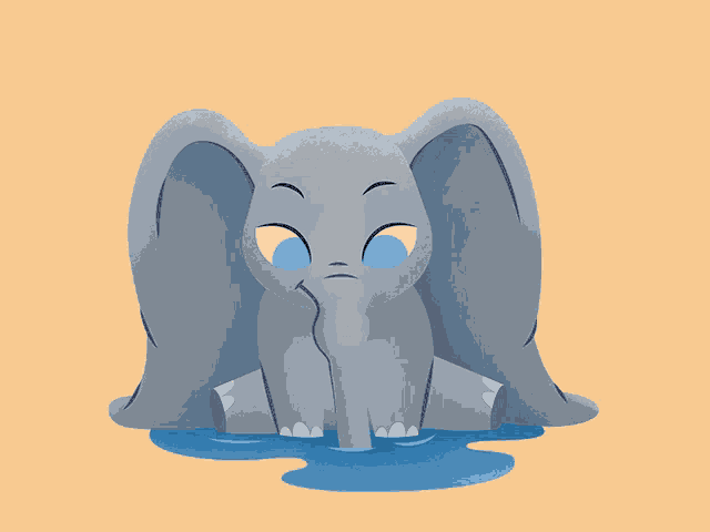 a blue elephant is sitting in a puddle of water on a yellow background