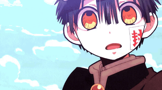 a cartoon of a boy with chinese writing on his face