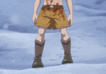 a boy with green hair is standing in the snow with blood on his torso