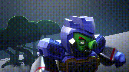 a cartoon character is wearing a robot costume and standing in a forest .