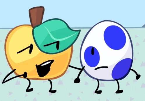 a cartoon drawing of a yellow apple and a blue mushroom standing next to each other