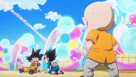 a cartoon of a bald man standing next to a group of children