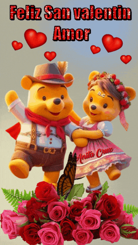 a picture of winnie the pooh and anita cruz with hearts and roses
