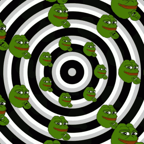 a black and white circle with green frog faces in it