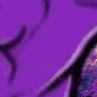 a bunch of purple frogs are flying through the air