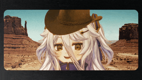 a girl with long white hair is wearing a brown cowboy hat