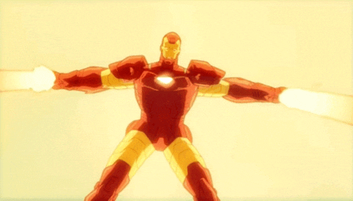 a cartoon drawing of iron man with his arms outstretched and a yellow background