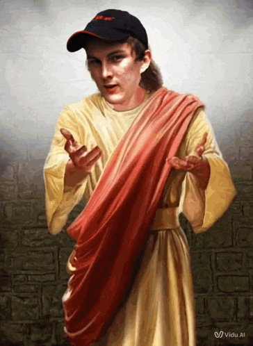 a painting of a man dressed as jesus with a red robe and a black cap