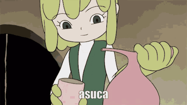 a cartoon of a girl holding a pink vase with the word asuca on the bottom