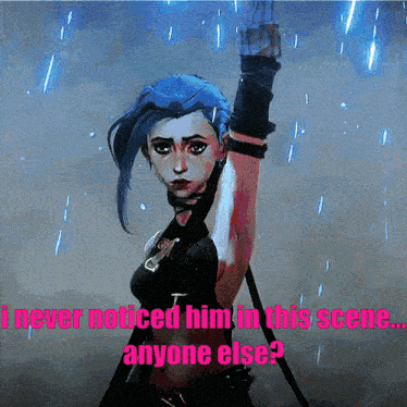 a cartoon girl with blue hair is holding a sword in her hand and says i never noticed him in this scene