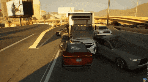 a red car with a license plate that says california is driving down a highway