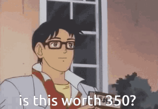 a man with glasses is holding a piece of paper that says 350 on it