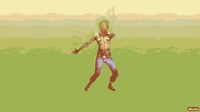 a woman is dancing with her arms outstretched in front of a yellow background with gifs.com at the bottom of the screen