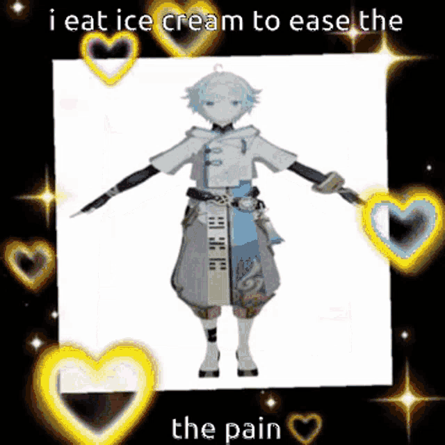 a picture of a character from a video game with hearts around it and the words i eat ice cream to ease the pain