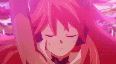 a close up of a red haired anime girl with her eyes closed and red hair .