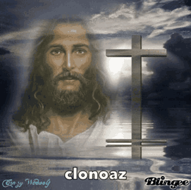 a picture of jesus and a cross with the words clonoaz blingee