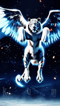 a picture of a white tiger with blue wings