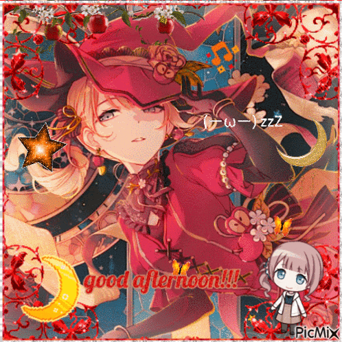 a good afternoon greeting card with a girl in a red dress