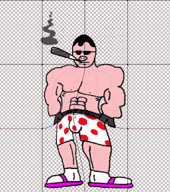 a cartoon of a shirtless man in shorts smoking a cigarette