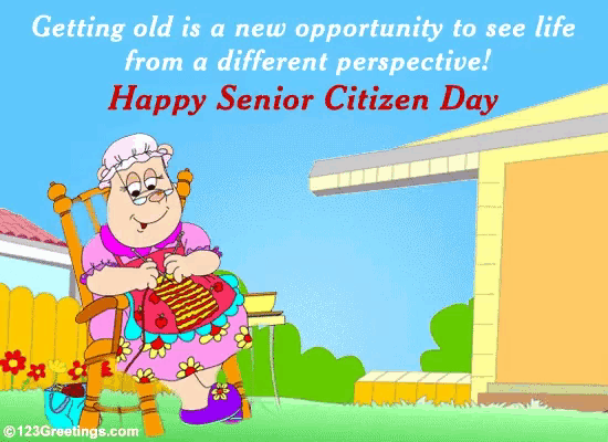 a happy senior citizen day greeting card with an elderly woman in a rocking chair knitting