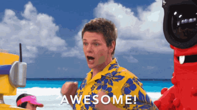 a man in a hawaiian shirt says awesome on the beach