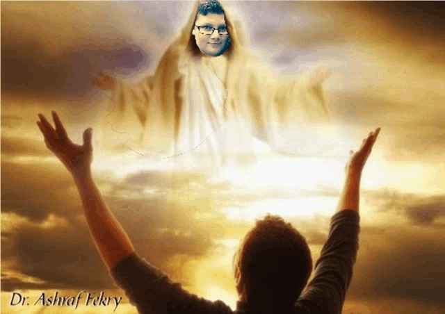 a picture of a man with his arms in the air with the name dr. ashraf fekry below it