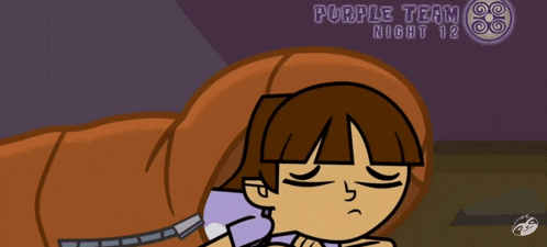 a cartoon character is laying in a sleeping bag and has a purple shirt on
