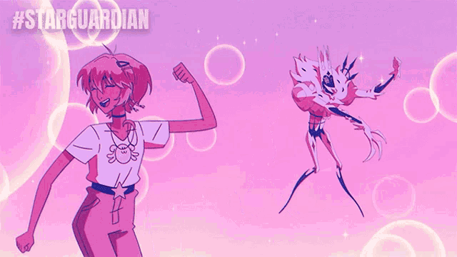 a cartoon of a girl and a monster with #starguardian written on the bottom right