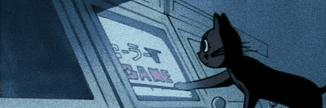 a cartoon cat is looking at a screen that says bank on it