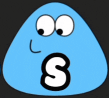 a blue cartoon character with a letter s on its face